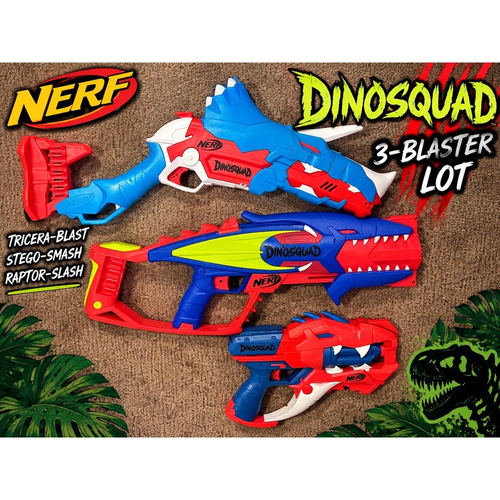 Nerf DinoSquad 3-Blaster Lot Tricera-Blast Stego-Smash Raptor-Slash Toy Guns